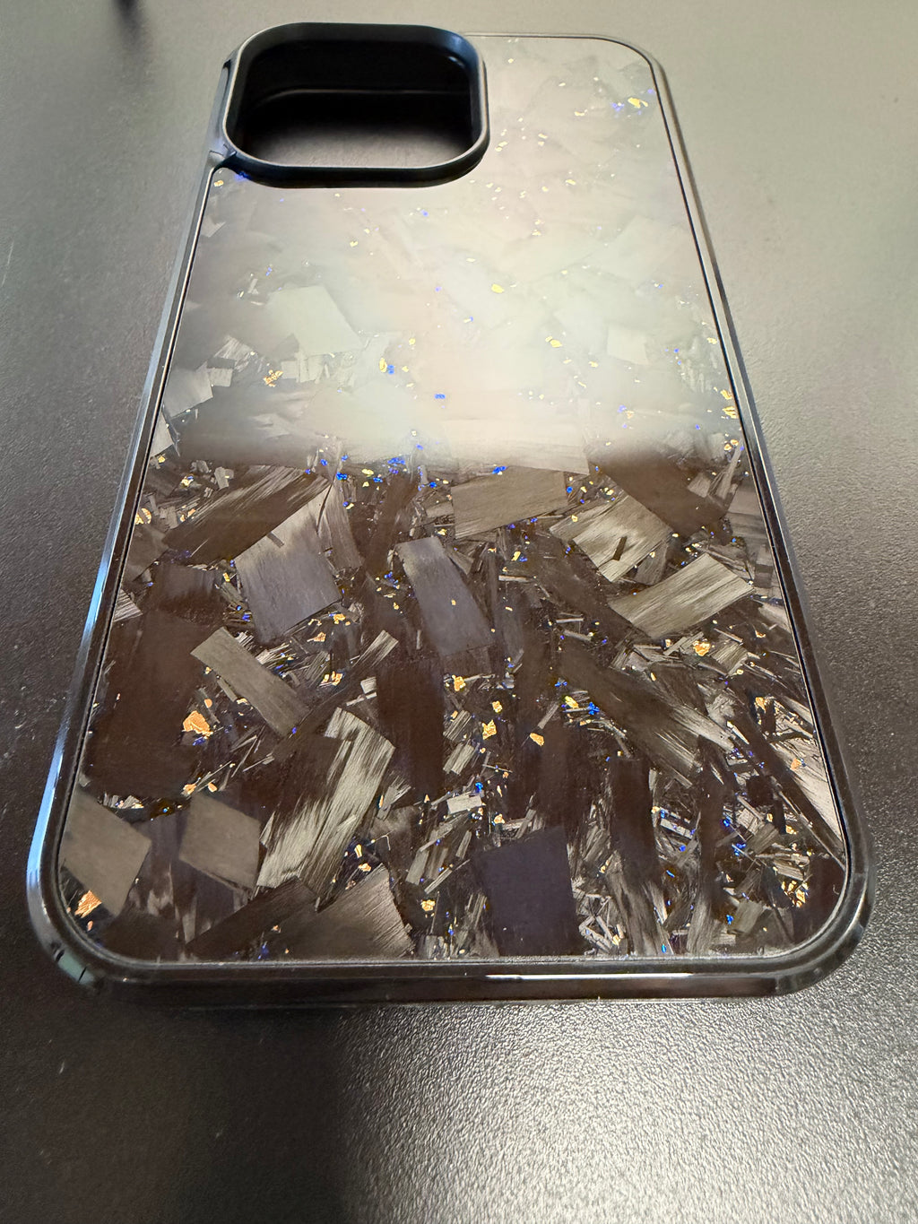 Forged Carbon fiber IPhone 15 Pro Max Phone Case With Blue and Gold Flakes