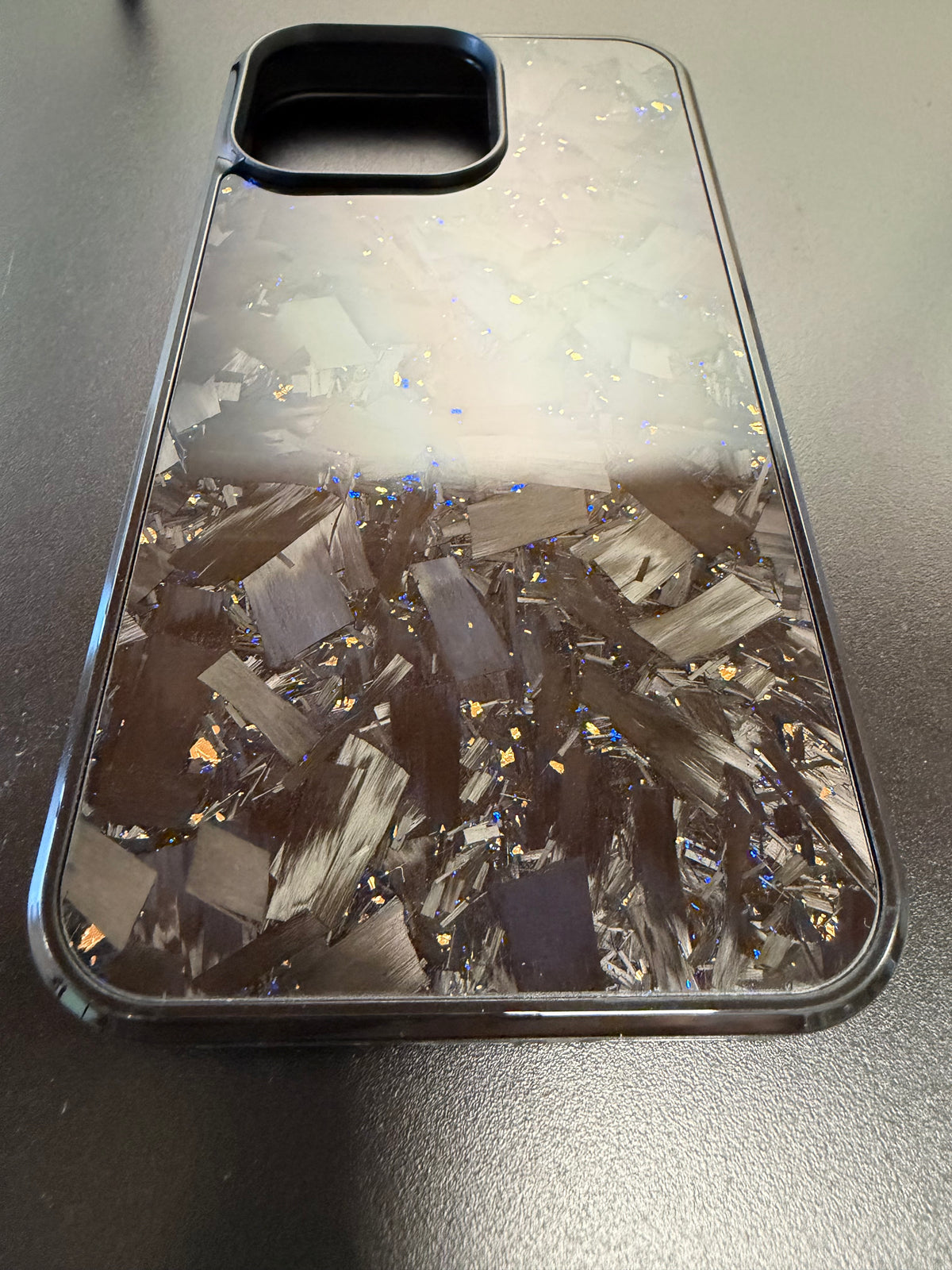 Forged Carbon fiber IPhone 15 Pro Max Phone Case With Blue and Gold Flakes