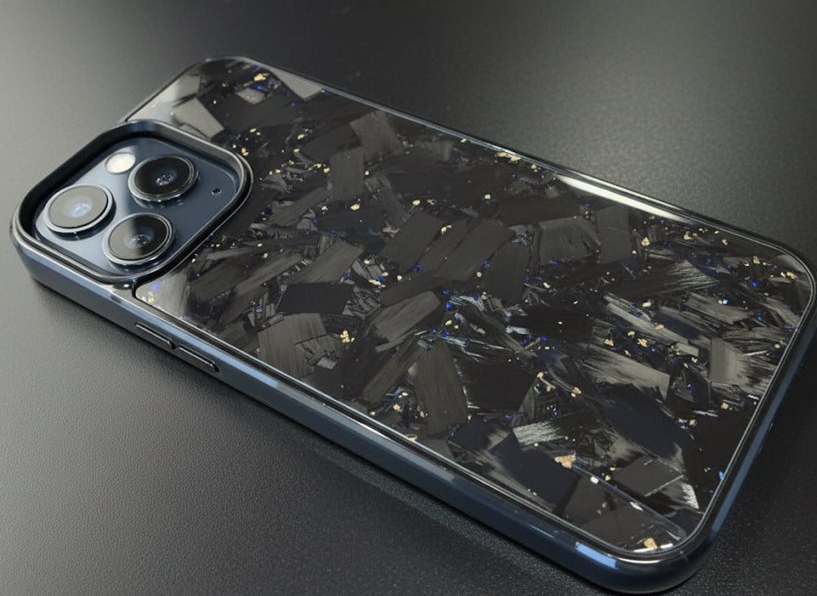 Forged Carbon fiber IPhone 15 Pro Max Phone Case With Blue and Gold Flakes