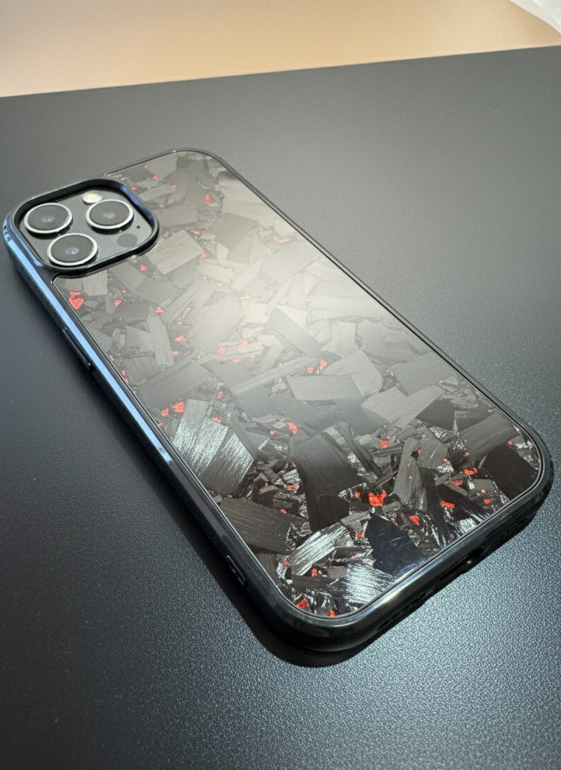 Forged Carbon IPhone 15 Phone Case With Red Flakes