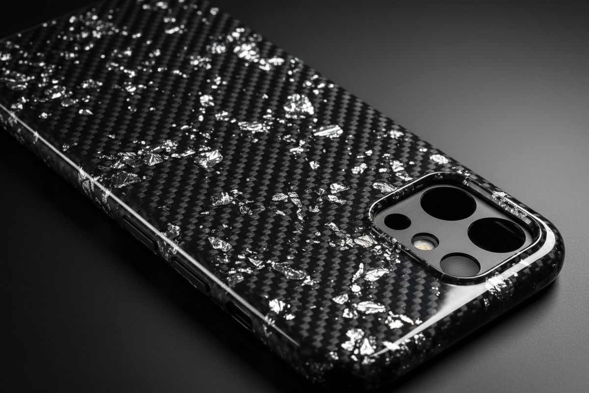 forged carbon fiber phone case with silver flakes